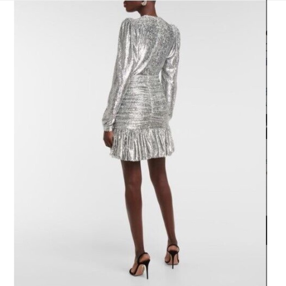 COSTARELLOS Libby Silver LUREX DEVOR Embellished Ruched Mini Dress sz 40 - Picture 3 of 9